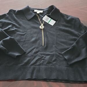 Michael Kors Black Polo Zip Sweater with Gold MK Charm